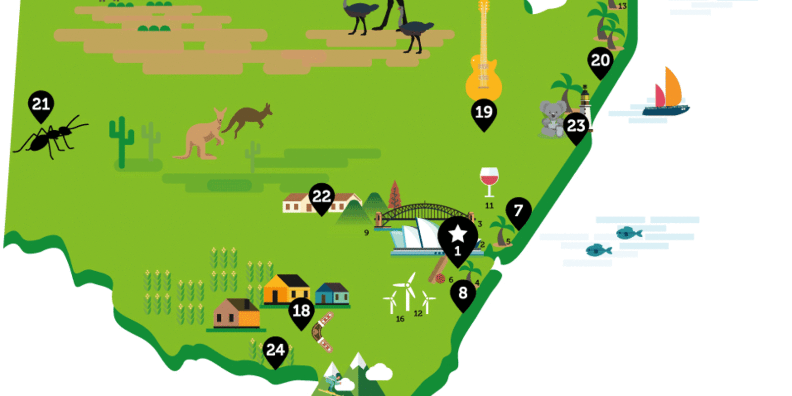 Animated map showing the highlights of New South Wales